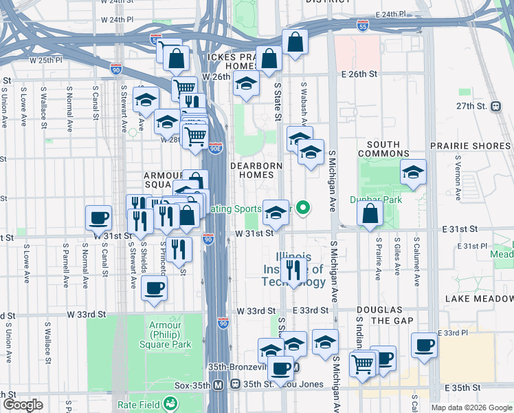 map of restaurants, bars, coffee shops, grocery stores, and more near South Dearborn Street in Chicago