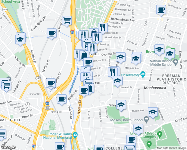 map of restaurants, bars, coffee shops, grocery stores, and more near 44 Pleasant Street in Providence
