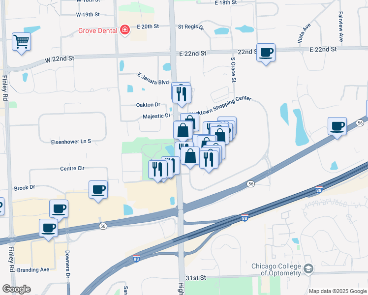map of restaurants, bars, coffee shops, grocery stores, and more near 96 Yorktown Shopping Center in Lombard