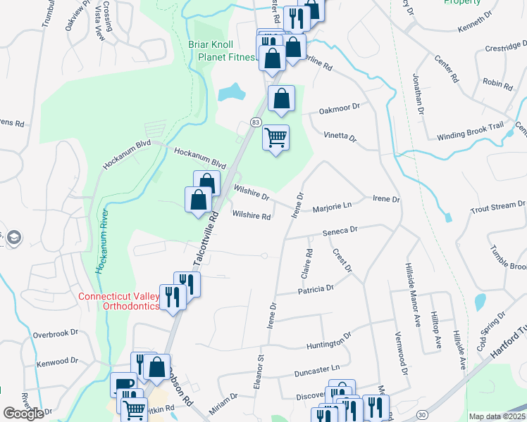 map of restaurants, bars, coffee shops, grocery stores, and more near 39 Wilshire Road in Vernon