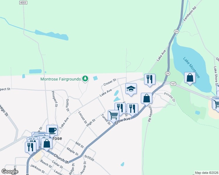 map of restaurants, bars, coffee shops, grocery stores, and more near 589 Lake Avenue in Montrose
