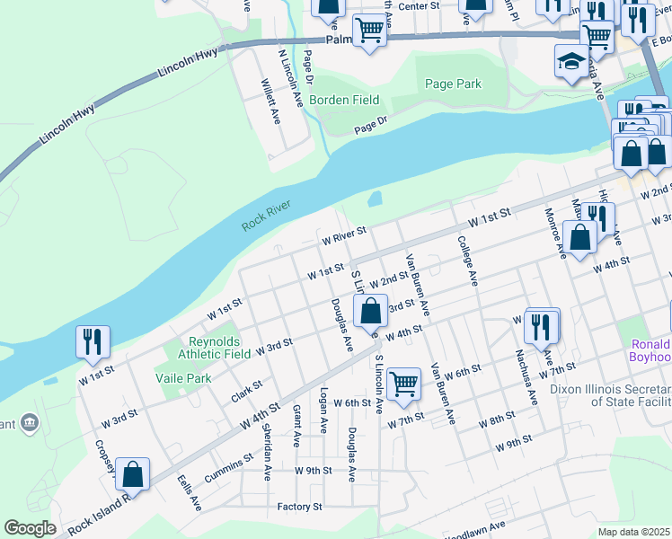 map of restaurants, bars, coffee shops, grocery stores, and more near 1414 West 1st Street in Dixon