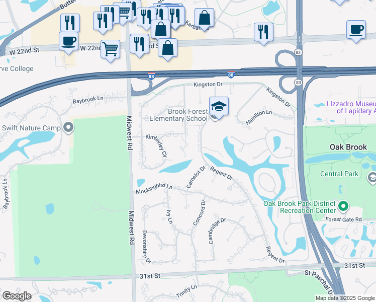 map of restaurants, bars, coffee shops, grocery stores, and more near 2 Shelburne Drive in Oak Brook