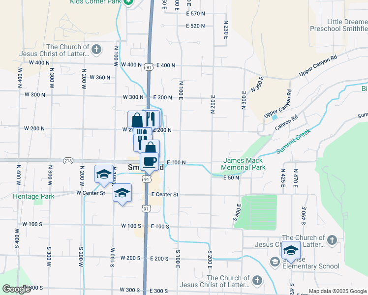 map of restaurants, bars, coffee shops, grocery stores, and more near 148 North 100 East in Smithfield