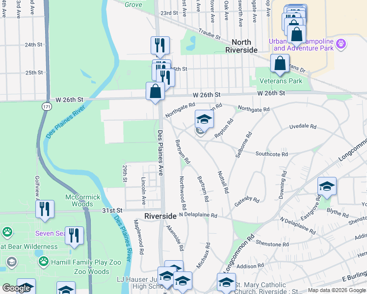 map of restaurants, bars, coffee shops, grocery stores, and more near 363 Bartram Road in Riverside