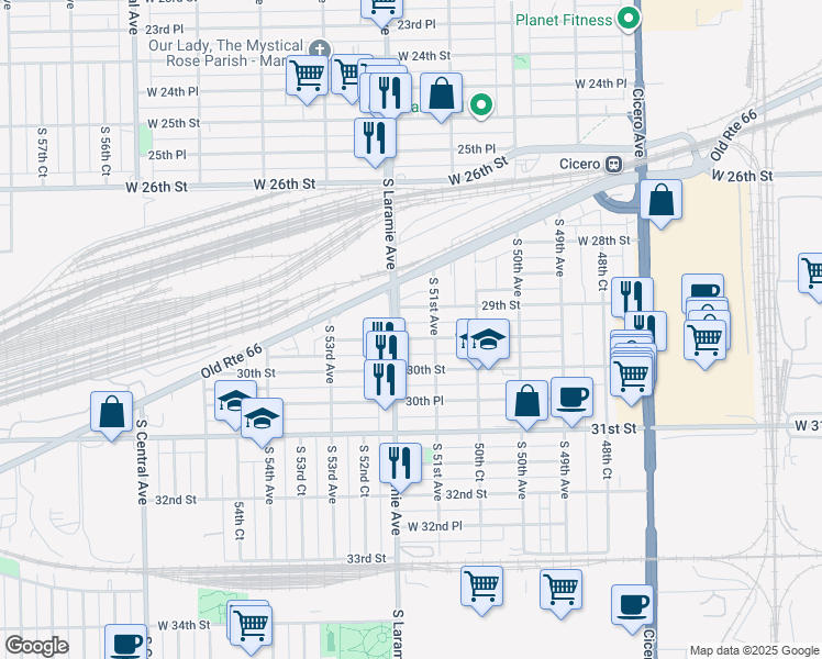 map of restaurants, bars, coffee shops, grocery stores, and more near 5116 West 29th Place in Cicero