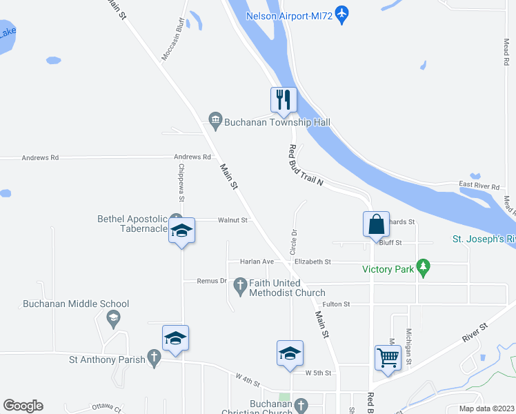map of restaurants, bars, coffee shops, grocery stores, and more near 15461 Main Street in Buchanan