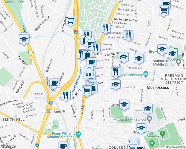 map of restaurants, bars, coffee shops, grocery stores, and more near 44 Pleasant Street in Providence