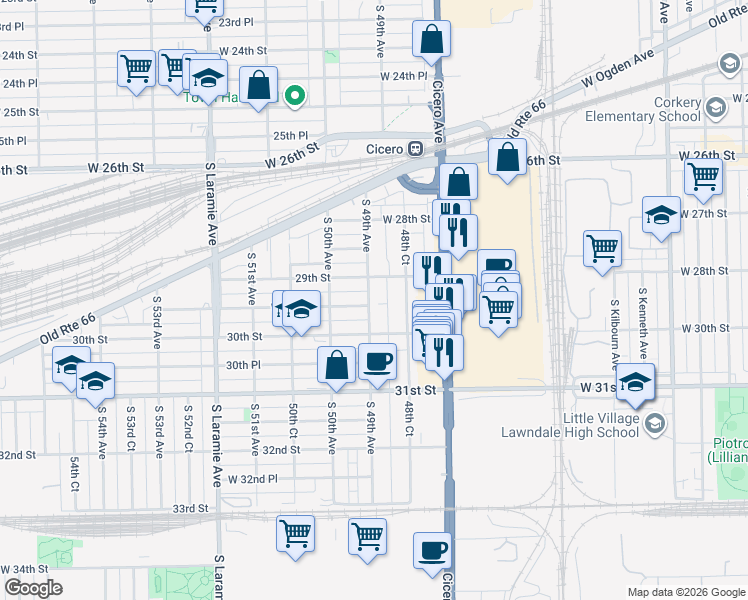 map of restaurants, bars, coffee shops, grocery stores, and more near 2919 South 49th Avenue in Cicero