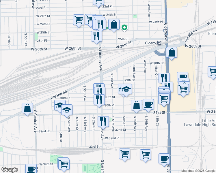 map of restaurants, bars, coffee shops, grocery stores, and more near 5116 West 29th Place in Cicero