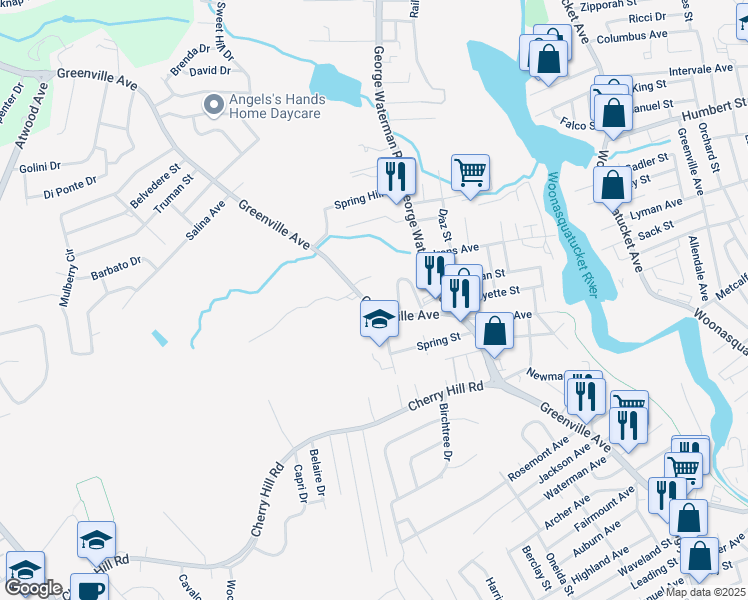 map of restaurants, bars, coffee shops, grocery stores, and more near 309 Greenville Avenue in Johnston