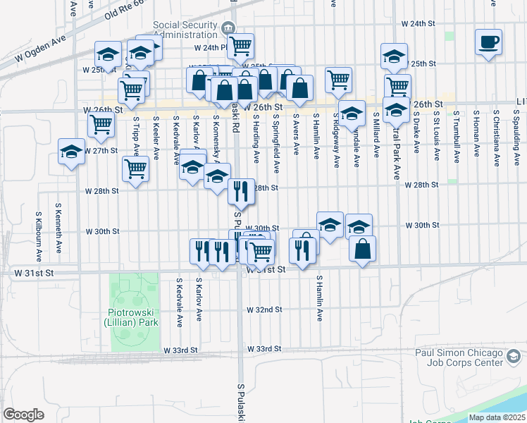 map of restaurants, bars, coffee shops, grocery stores, and more near 2833 South Harding Avenue in Chicago