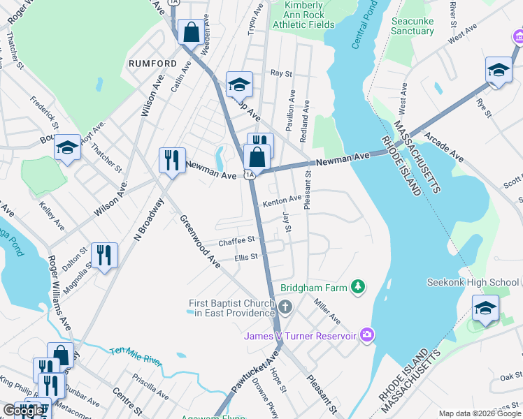 map of restaurants, bars, coffee shops, grocery stores, and more near 1 Kenton Ave in East Providence