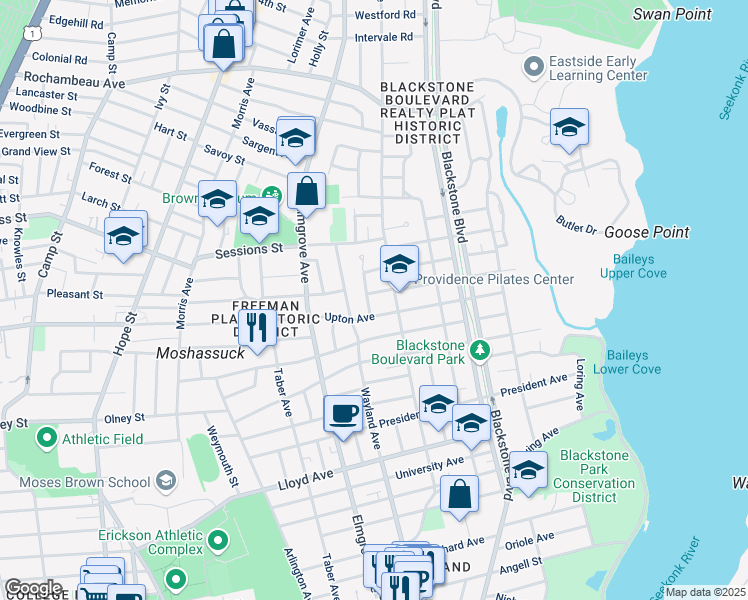 map of restaurants, bars, coffee shops, grocery stores, and more near 15 Alton Road in Providence