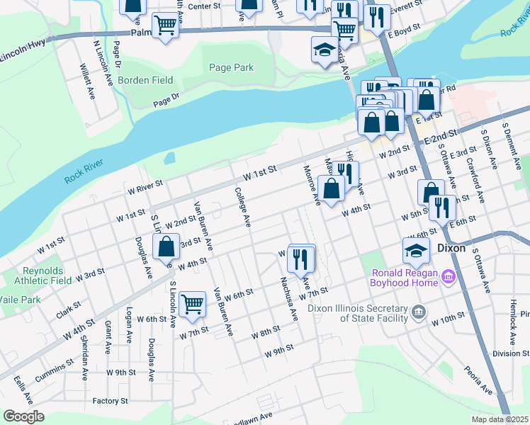 map of restaurants, bars, coffee shops, grocery stores, and more near 903 West 3rd Street in Dixon
