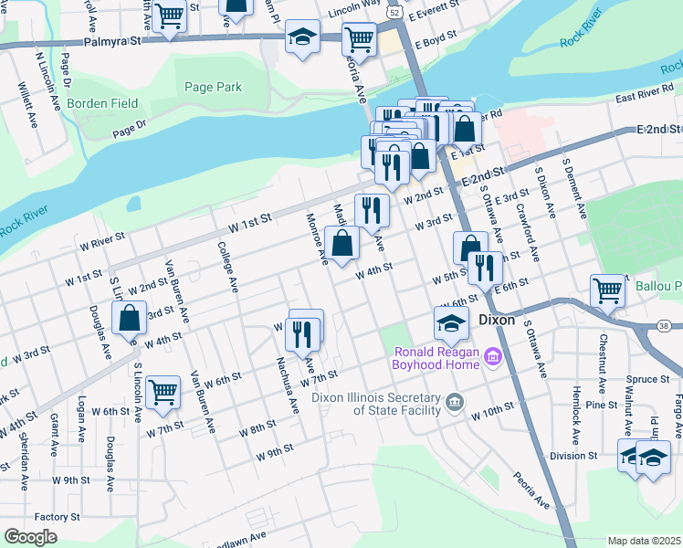 map of restaurants, bars, coffee shops, grocery stores, and more near 321 Madison Avenue in Dixon
