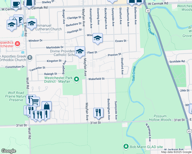 map of restaurants, bars, coffee shops, grocery stores, and more near 10682 Wakefield Street in Westchester