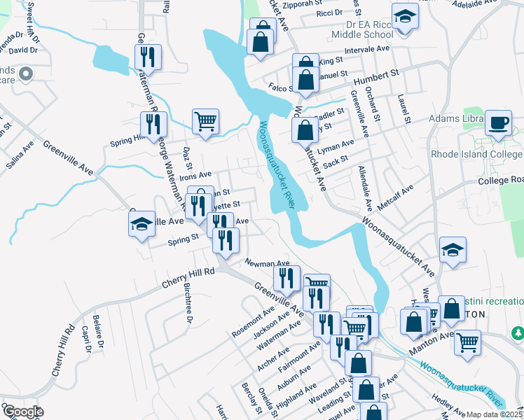map of restaurants, bars, coffee shops, grocery stores, and more near 5 Tyler Avenue in Johnston