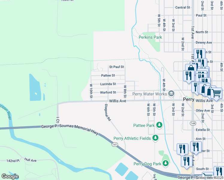 map of restaurants, bars, coffee shops, grocery stores, and more near 316 Warford Street in Perry
