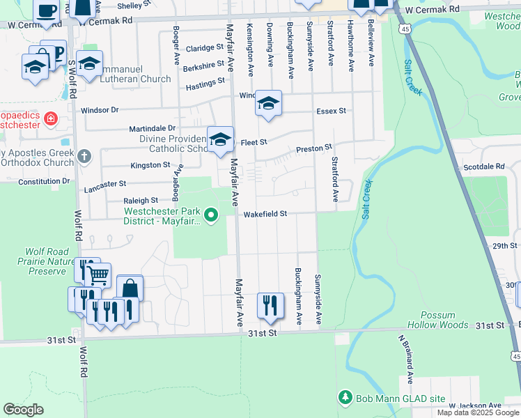 map of restaurants, bars, coffee shops, grocery stores, and more near 10682 Wakefield Street in Westchester