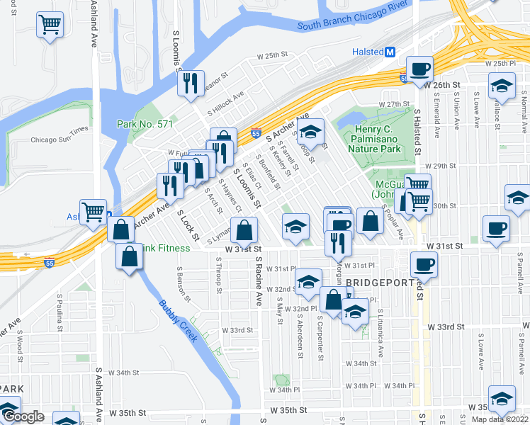 map of restaurants, bars, coffee shops, grocery stores, and more near 2999 South Loomis Street in Chicago