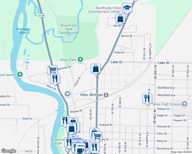 map of restaurants, bars, coffee shops, grocery stores, and more near 1115 North 5th Street in Niles