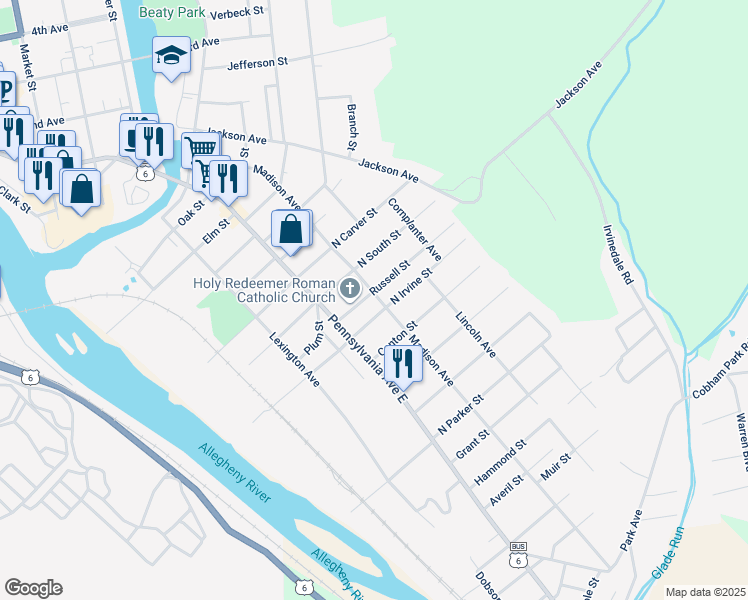 map of restaurants, bars, coffee shops, grocery stores, and more near 20-20 1/2 Russell St in Warren