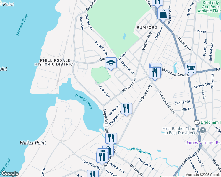 map of restaurants, bars, coffee shops, grocery stores, and more near 85 Washburn Ave in East Providence