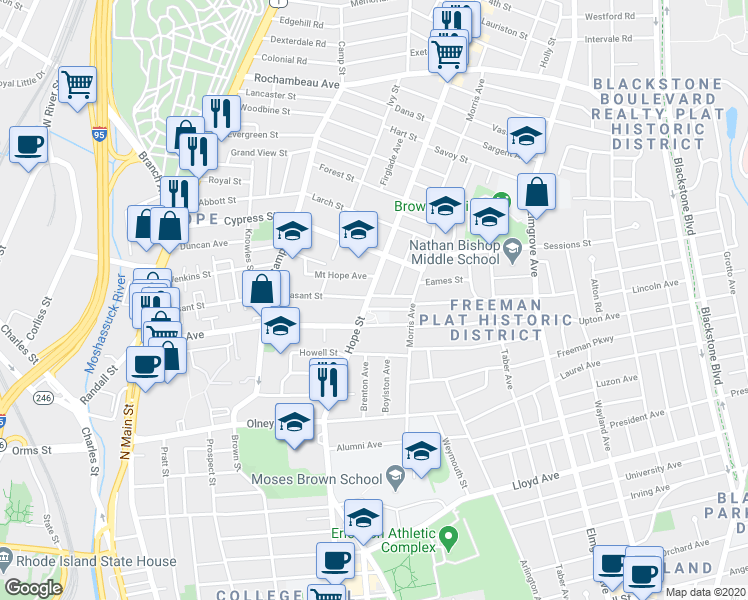 map of restaurants, bars, coffee shops, grocery stores, and more near in Providence