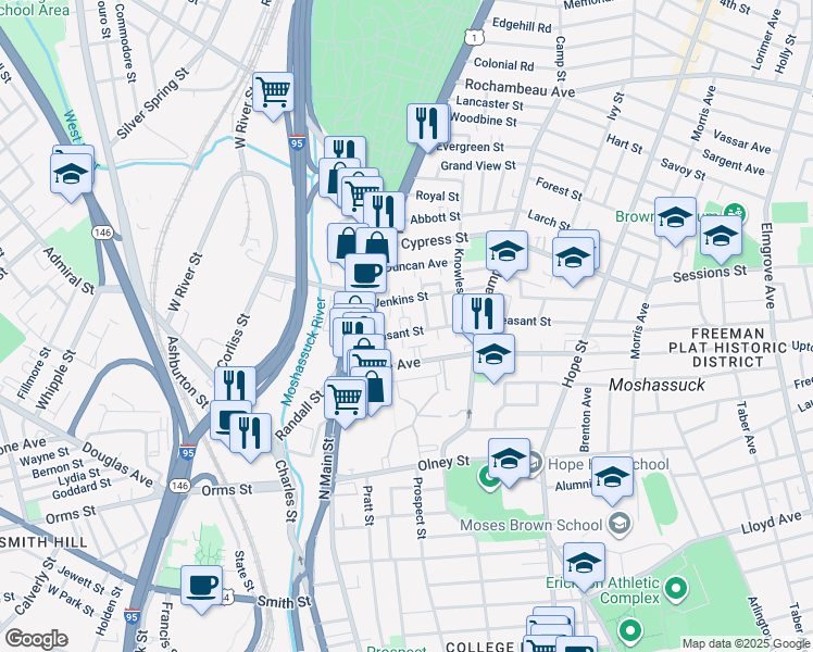 map of restaurants, bars, coffee shops, grocery stores, and more near 44 Pleasant Street in Providence