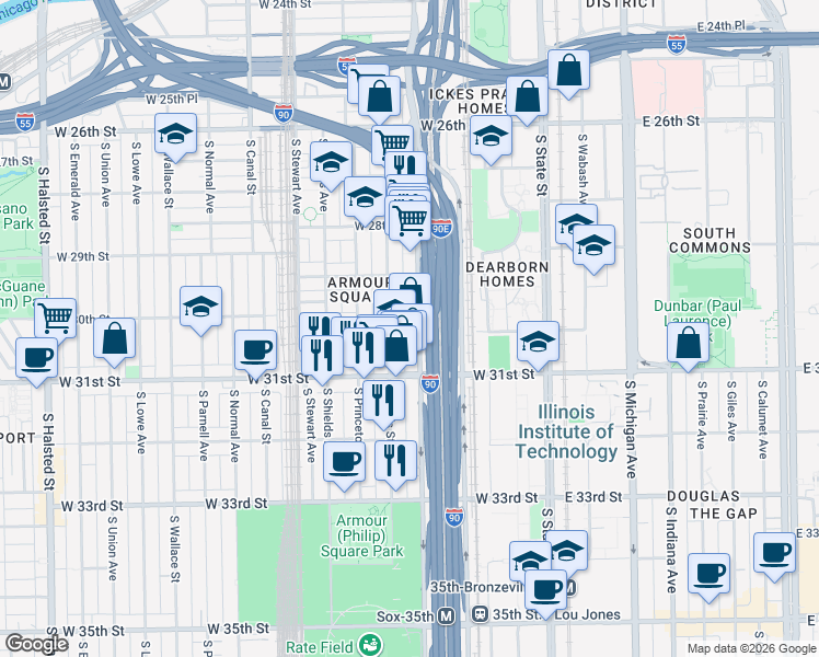 map of restaurants, bars, coffee shops, grocery stores, and more near 2714 South Wentworth Avenue in Chicago