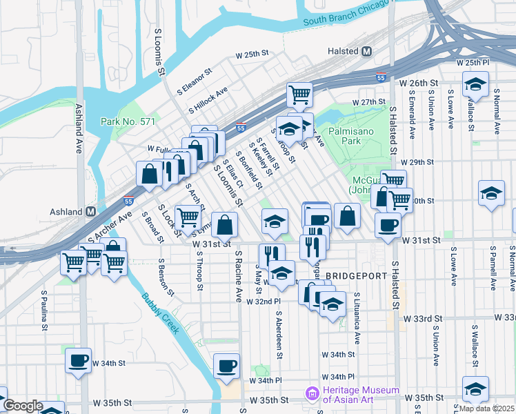 map of restaurants, bars, coffee shops, grocery stores, and more near 2999 South Loomis Street in Chicago