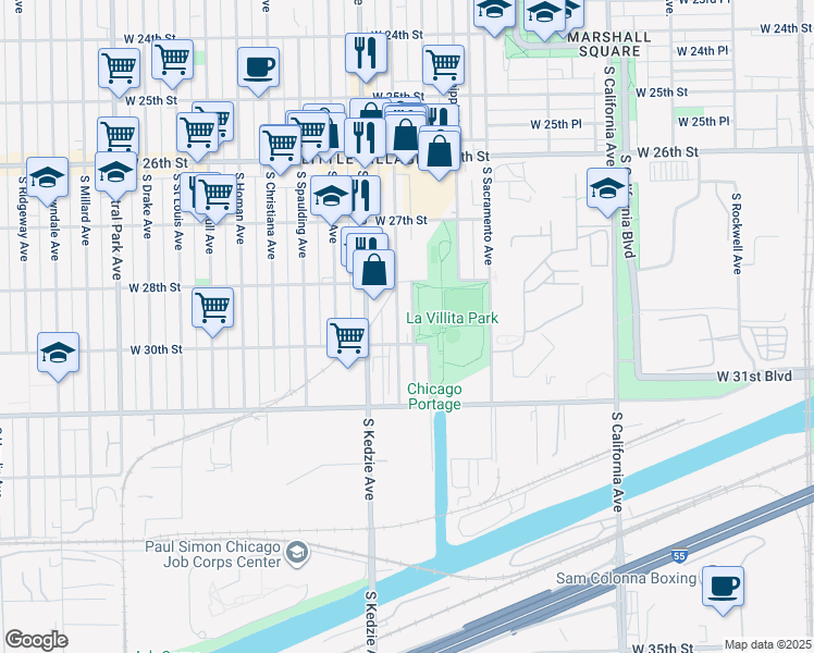 map of restaurants, bars, coffee shops, grocery stores, and more near 2845 South Troy Street in Chicago