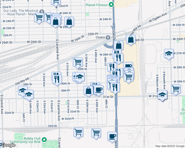 map of restaurants, bars, coffee shops, grocery stores, and more near 4928 West 29th Place in Cicero