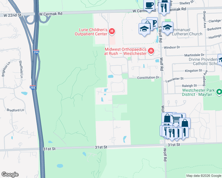 map of restaurants, bars, coffee shops, grocery stores, and more near 11520 Burton Court in Westchester