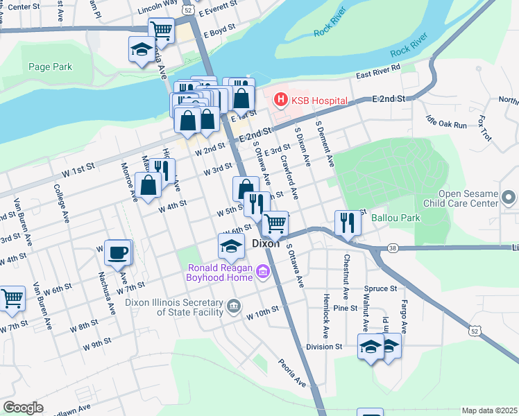 map of restaurants, bars, coffee shops, grocery stores, and more near 505 South Galena Avenue in Dixon