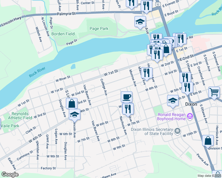 map of restaurants, bars, coffee shops, grocery stores, and more near 903 West 3rd Street in Dixon