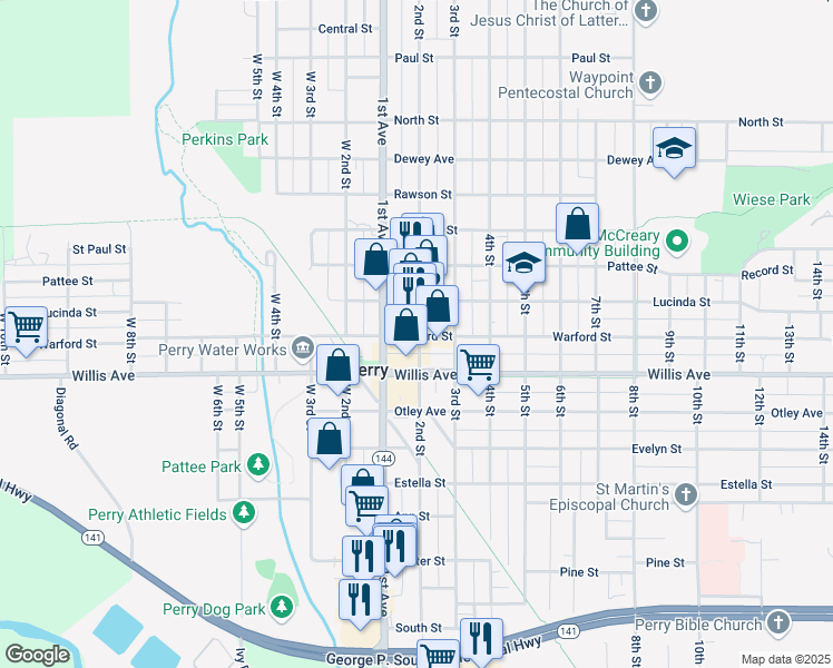 map of restaurants, bars, coffee shops, grocery stores, and more near 1201 Warford Street in Perry