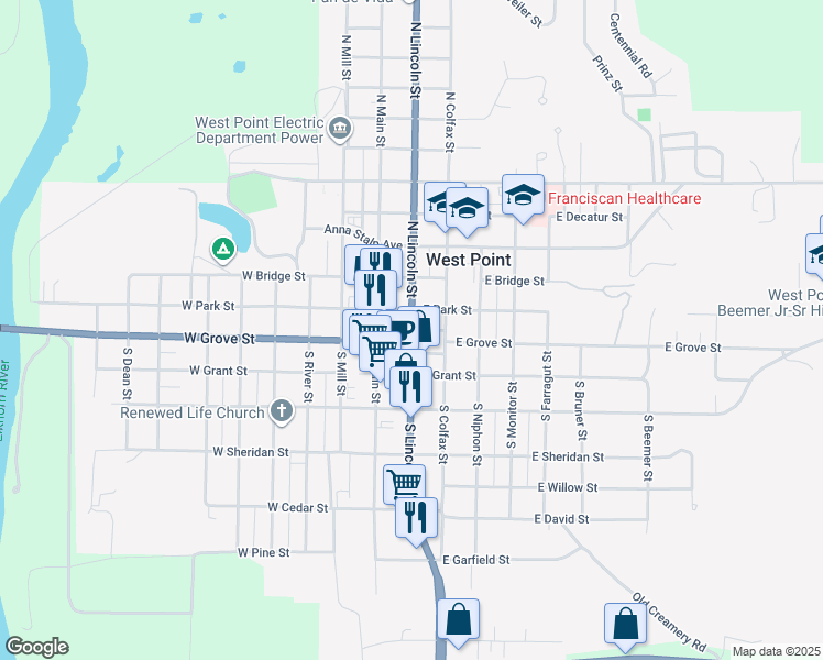 map of restaurants, bars, coffee shops, grocery stores, and more near 165 South Lincoln Street in West Point