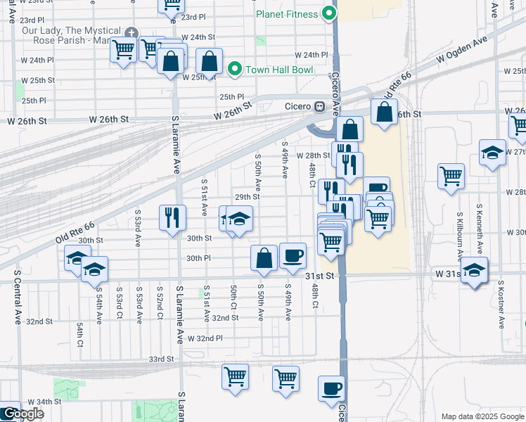 map of restaurants, bars, coffee shops, grocery stores, and more near 4928 West 29th Place in Cicero