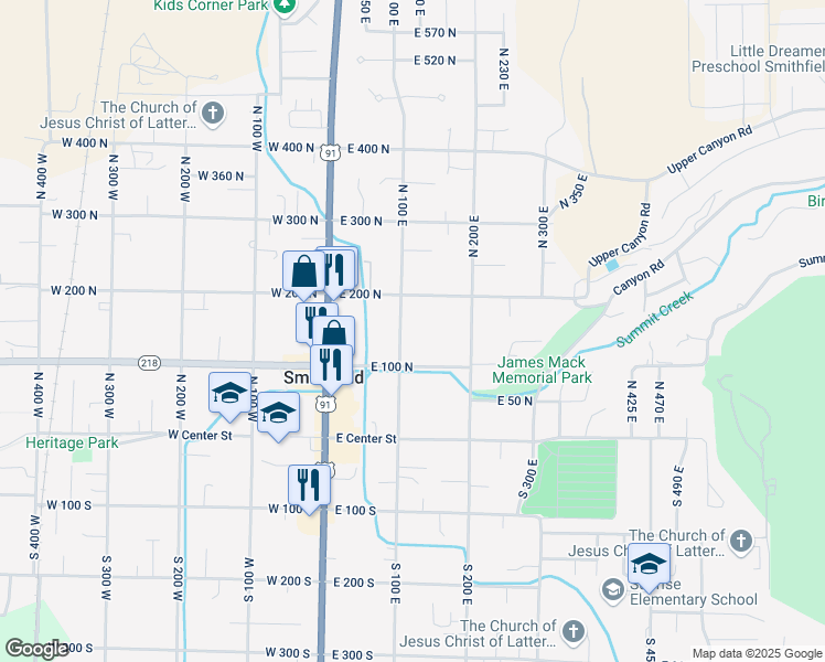 map of restaurants, bars, coffee shops, grocery stores, and more near 148 North 100 East in Smithfield