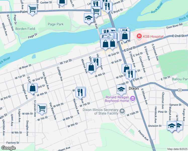 map of restaurants, bars, coffee shops, grocery stores, and more near 321 Madison Avenue in Dixon