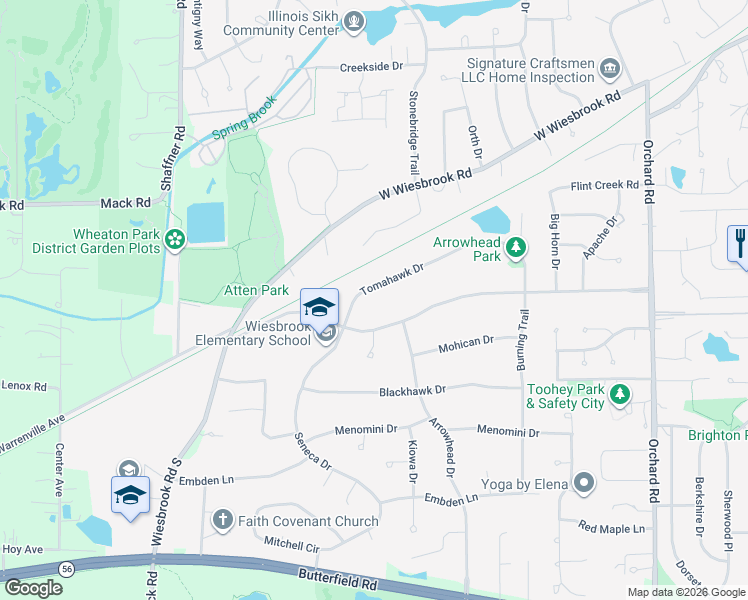 map of restaurants, bars, coffee shops, grocery stores, and more near 26W313 Tomahawk Drive in Wheaton