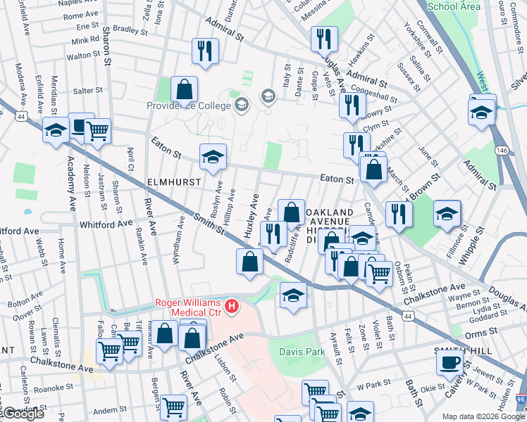 map of restaurants, bars, coffee shops, grocery stores, and more near 67 Tyndall Avenue in Providence