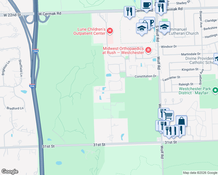 map of restaurants, bars, coffee shops, grocery stores, and more near 11520 Burton Court in Westchester
