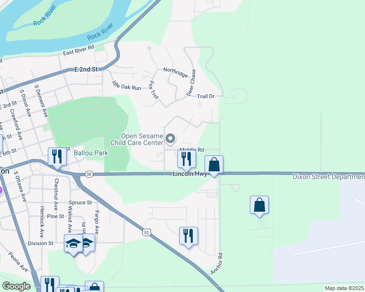 map of restaurants, bars, coffee shops, grocery stores, and more near 1151 Middle Road in Dixon