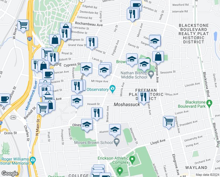 map of restaurants, bars, coffee shops, grocery stores, and more near 483 Hope Street in Providence