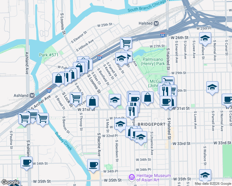 map of restaurants, bars, coffee shops, grocery stores, and more near 3035 South Bonfield Street in Chicago