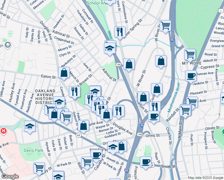 map of restaurants, bars, coffee shops, grocery stores, and more near 124 Whipple Street in Providence