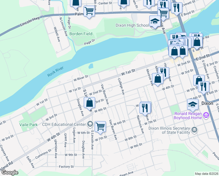 map of restaurants, bars, coffee shops, grocery stores, and more near 1100 West 2nd Street in Dixon